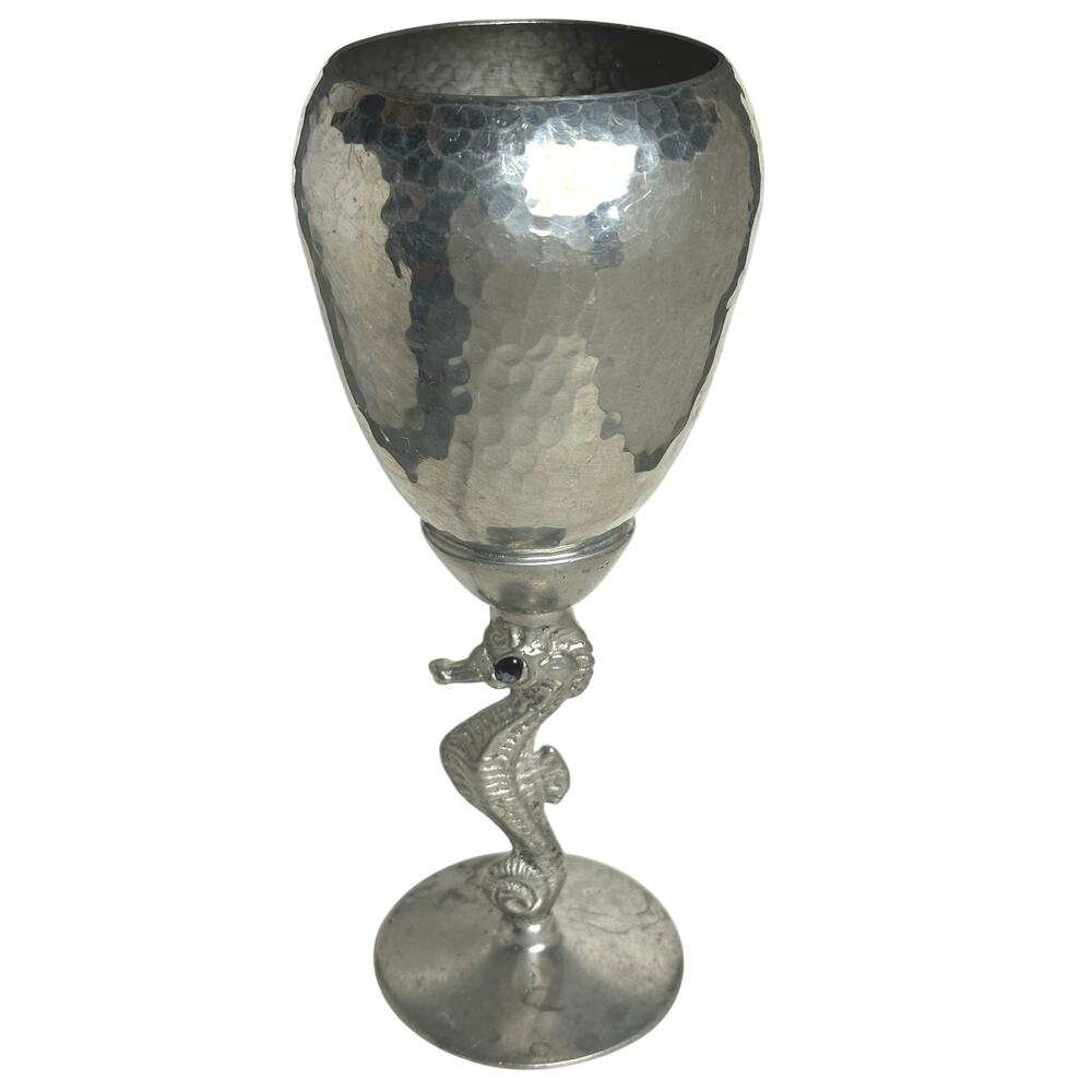 Vintage Lemil Smyths 1983 hammered pewter goblet seahorse cabochon Renaissance